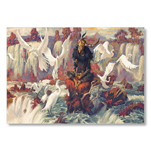 Kuşlar Şelale Kırmızı Kaya Boynuz Maskeli Adam Görseli Mdf Ahşap Tablo 25x35 cm