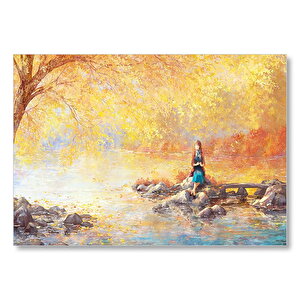 Yağlı Boya Sonbaharda Gölde Bekleyen Kız Görseli Mdf Ahşap Tablo 50x70 cm