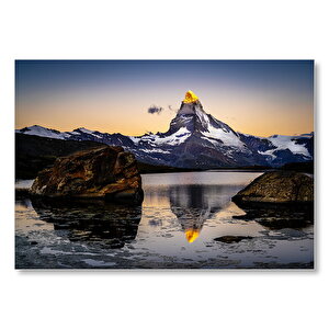 Karlı Dağlar Ve Altın Rengi Zirve Mdf Ahşap Tablo 35x50 cm