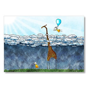 Zürafa İki Çocuk Bulutlar Boyama Sanat Eseri Mdf Ahşap Tablo 50x70 cm