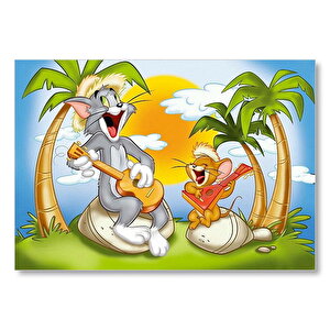 Tom Ve Jerry Şarkı Söyleyen Ada Palmiye Ağaçları Mdf Ahşap Tablo