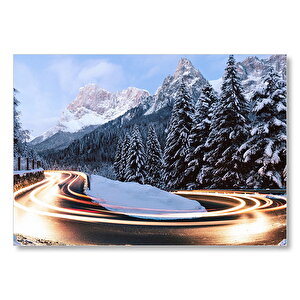 Karlı Orman İçindeki Yol Uzun Pozlama Çekim Mdf Ahşap Tablo 25x35 cm