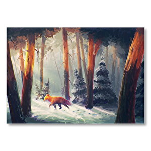 Karlı Orman Günışığı Ve Kurt Animasyon Görseli Mdf Ahşap Tablo 50x70 cm