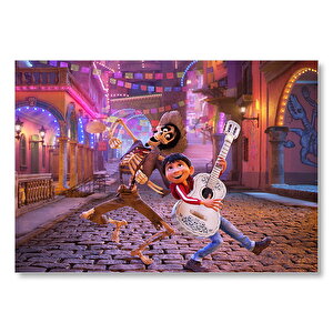 Coco Gitarist Çocuk Ve İskelet Dans Ediyor Mdf Ahşap Tablo 50x70 cm