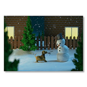 Kardan Adam Ve Oyun İsteyen Köpek Mdf Ahşap Tablo 50x70 cm