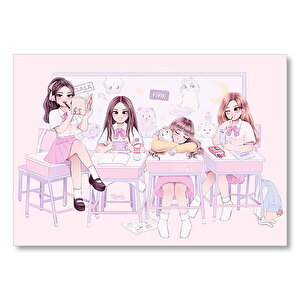 Black Pink Pop Grubu Üyeleri Çocuksu Çizim Mdf Ahşap Tablo 50x70 cm