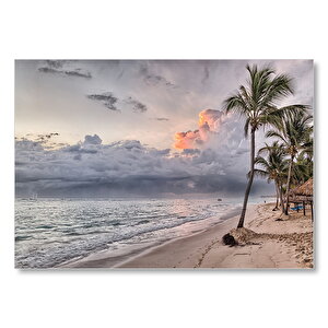 Gündoğumu Issız Kumsal Palmiyeler Ve Bulutlar Mdf Ahşap Tablo 50x70 cm