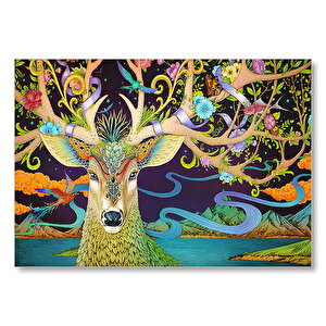 Süslemeli Boynuzlarıyla Geyik İllüstrasyon Mdf Ahşap Tablo 25x35 cm