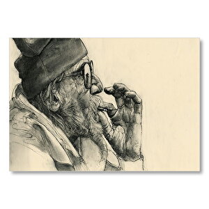 Sigara İçen Gözlüklü Yaşlı İnsan Görseli Mdf Ahşap Tablo 35x50 cm