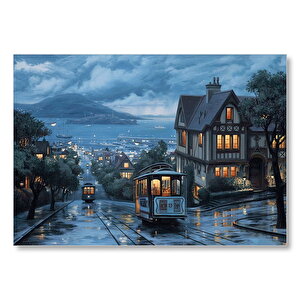 Yağmurlu Sokaklar Tramvaylar Ve Gece Işıkları Mdf Ahşap Tablo 50x70 cm