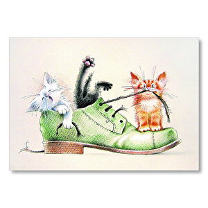 Yeşil Ayakkabı Ve İçinde Yavru Kediler Karikatür Mdf Ahşap Tablo 50x70 cm
