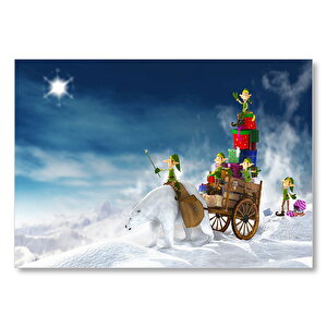 Yılbaşı Hediyelerini Teslim Eden Minik Elfler Mdf Ahşap Tablo 35x50 cm