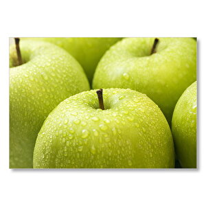Yeşil Elmalar Ve Su Damlaları Yakın Çekim Mdf Ahşap Tablo 50x70 cm