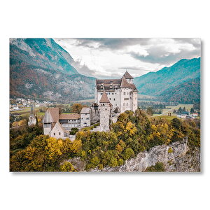 Avrupa Kasabasında Korunaklı Kale Ve Dağlar Mdf Ahşap Tablo 25x35 cm