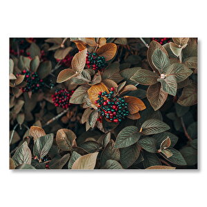 Kadife Yeşili Yapraklar Ve Kırmızı Ve Yeşil Meyveler Mdf Ahşap Tablo 35x50 cm