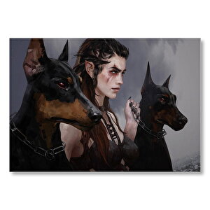 Elf Kızı Ve İki Doberman Köpeği Mdf Ahşap Tablo 50x70 cm