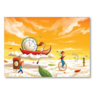 Düşler Ülkesinde Bulutlar Çocuklar Ve Saatler Mdf Ahşap Tablo 50x70 cm