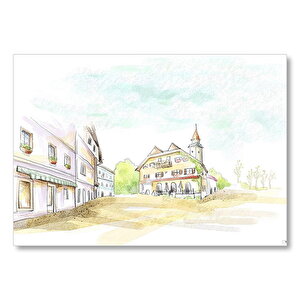 Avrupa Kasabası Kilise Ve Binalar Çizim Mdf Ahşap Tablo 50x70 cm