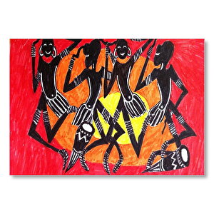 Yöresel Afrikalı Dansçılar Sarı Kırmızı Arka Plan Mdf Ahşap Tablo 50x70 cm