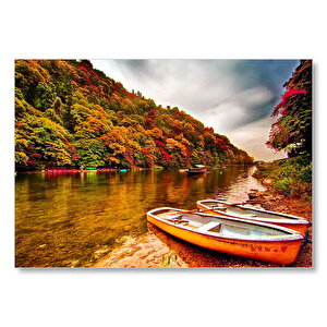 Sonbahar Renklerinde Orman Ve Nehirde Kayıklar Mdf Ahşap Tablo 35x50 cm