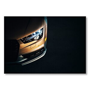 Bal Rengi Araç Sol Ön Far Detay Karanlık Arka Plan Mdf Ahşap Tablo 50x70 cm