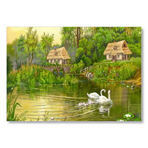 Göl Manzaralı Kulübeler Ve Kuğu Çiftiyle Yavruları Mdf Ahşap Tablo 35x50 cm