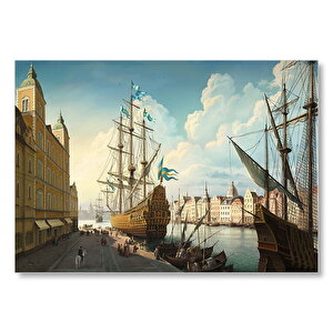 Avrupa'da Eski Bir Liman Kenti Ve Gemiler Mdf Ahşap Tablo 35x50 cm