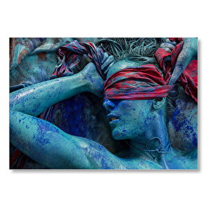 Mavi Boyalı Kırmızı Fularla Gözleri Bağlı Kadın Mdf Ahşap Tablo 50x70 cm