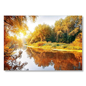Sonbaharda Ormanın İçindeki Berrak Nehir Mdf Ahşap Tablo 35x50 cm