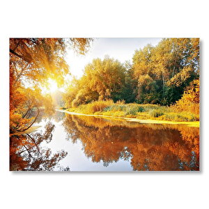 Sonbaharda Ormanın İçindeki Berrak Nehir Mdf Ahşap Tablo 25x35 cm