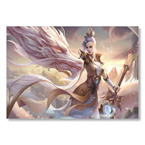League Of Legends Kadın Savaşçı Ve Ak Ejderhası Mdf Ahşap Tablo 50x70 cm