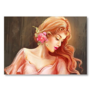 Pembe Çiçekli Bakır Saçlı Kadın Mdf Ahşap Tablo 50x70 cm