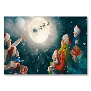 Dolunayda Noel Baba Ve Geyiklerini İzleyenler Mdf Ahşap Tablo 50x70 cm