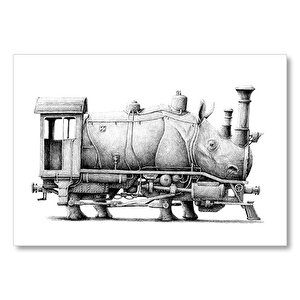 Gergedan Ve Lokomotif Karışımı Kara Kalem Mdf Ahşap Tablo 25x35 cm