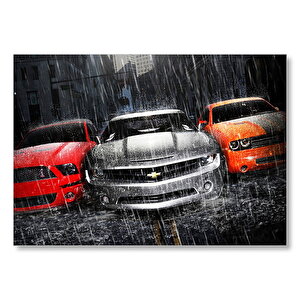 Mustang Camaro Ve Dodge Araçlar Yağmur Altında Mdf Ahşap Tablo 50x70 cm
