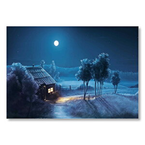 Dolunayda Şirin Kulübe Ve Bahçede Ağaçlar Mdf Ahşap Tablo 50x70 cm