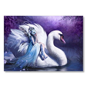 Beyaz Dev Kuğu Ve Sırtındaki Maskeli Kadın Mdf Ahşap Tablo 50x70 cm