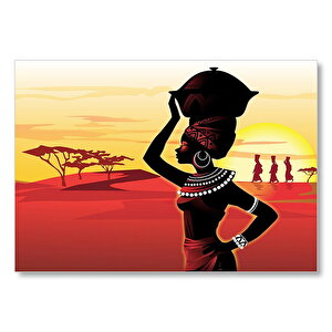 Su Taşıyan Afrikalı Kadın Günbatımı Arka Plan Mdf Ahşap Tablo 35x50 cm