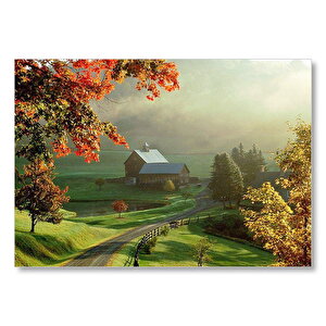 Sonbaharda Hala Yeşil Çayırlar Ve Uzaktaki Ev Mdf Ahşap Tablo 35x50 cm