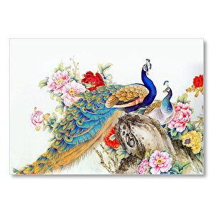 Tavuskuşları Ve Çiçekler Dijital Çizim Mdf Ahşap Tablo 25x35 cm