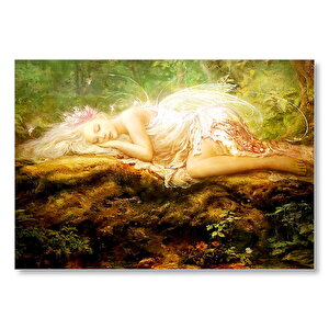 Orman Zemininde Yatan Sarı Saçlı Melek Mdf Ahşap Tablo 35x50 cm