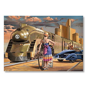 Antika Araba Ve Yolcular Ile Fütüristik Tren Mdf Ahşap Tablo 25x35 cm