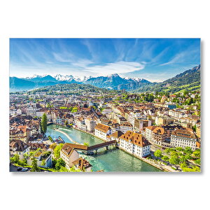 İsviçre Luzern Ve Arkaplanda Dağlar Mdf Ahşap Tablo 35x50 cm