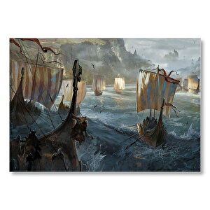 Dalgalı Denizde Viking Gemileri Mdf Ahşap Tablo 35x50 cm
