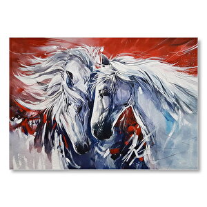 İki Beyaz Kısrak Kırmızı Arkaplan Mdf Ahşap Tablo 25x35 cm