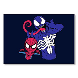 Spider-man Ve Venom Karikatürize Mavi Arka Plan Mdf Ahşap Tablo 25x35 cm