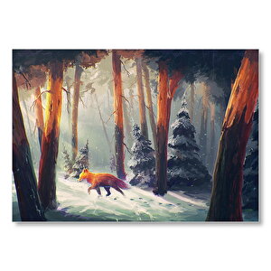 Karlı Ormanda Yürüyen Tilki Ve Güneş Işıkları Mdf Ahşap Tablo 25x35 cm
