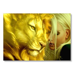 Sarı Saçlı Kız Ve Aslan Mdf Ahşap Tablo 25x35 cm