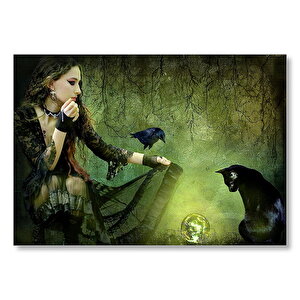 Gotik Kız Kara Kedi Karga Ve Cam Küre Mdf Ahşap Tablo 25x35 cm