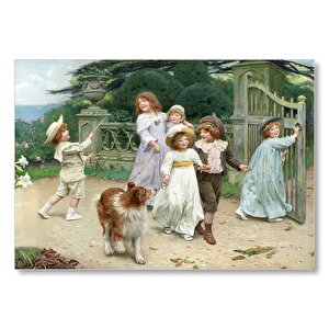 Bahçe Kapısı Önünde Çocuklar Ve Köpekleri Mdf Ahşap Tablo 50x70 cm